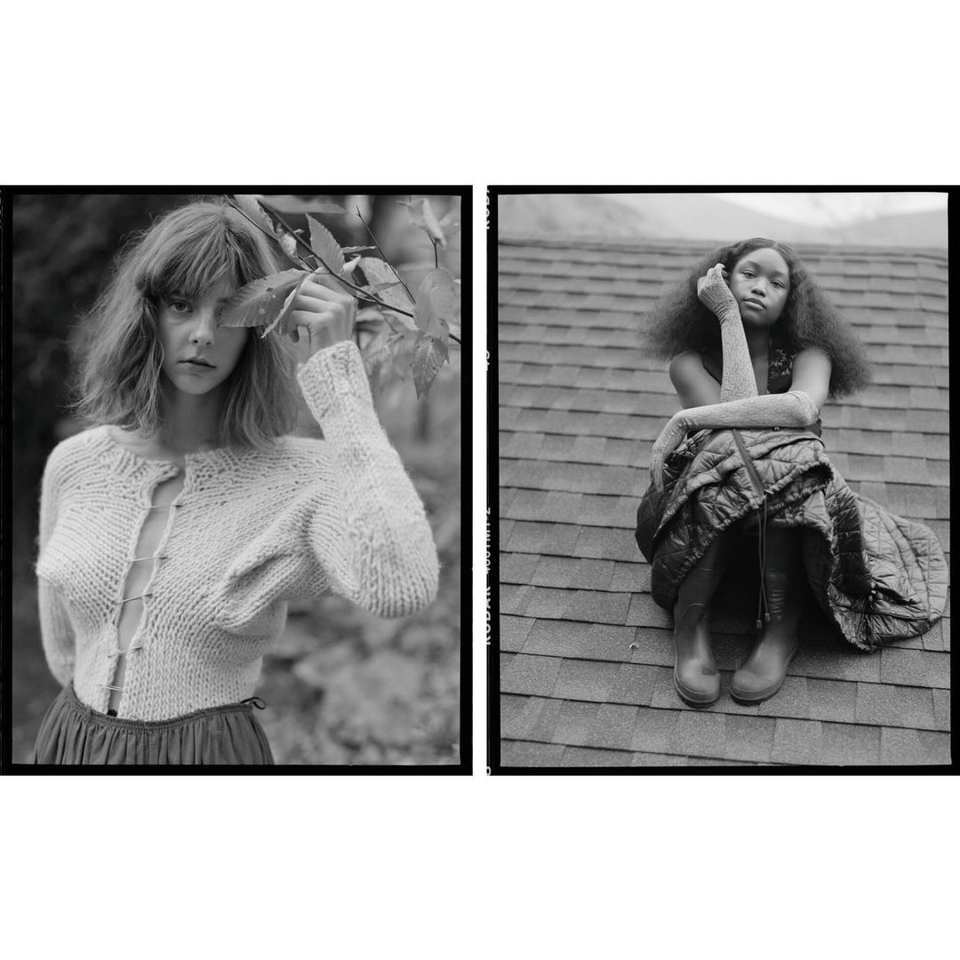 Black and white diptych featuring two young women in outdoor settings, one with foliage and the other on a rooftop.