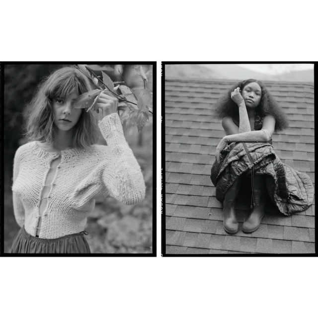 Black and white diptych featuring two young women in outdoor settings, one with foliage and the other on a rooftop.