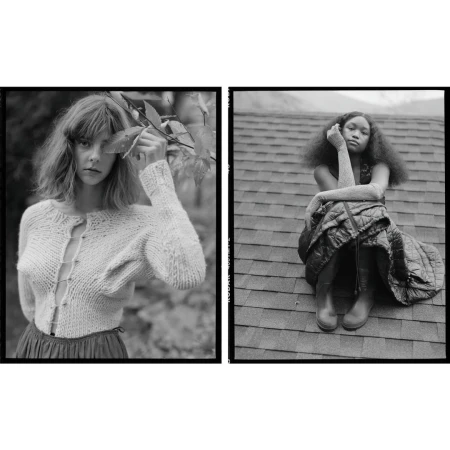 Black and white diptych featuring two young women in outdoor settings, one with foliage and the other on a rooftop.