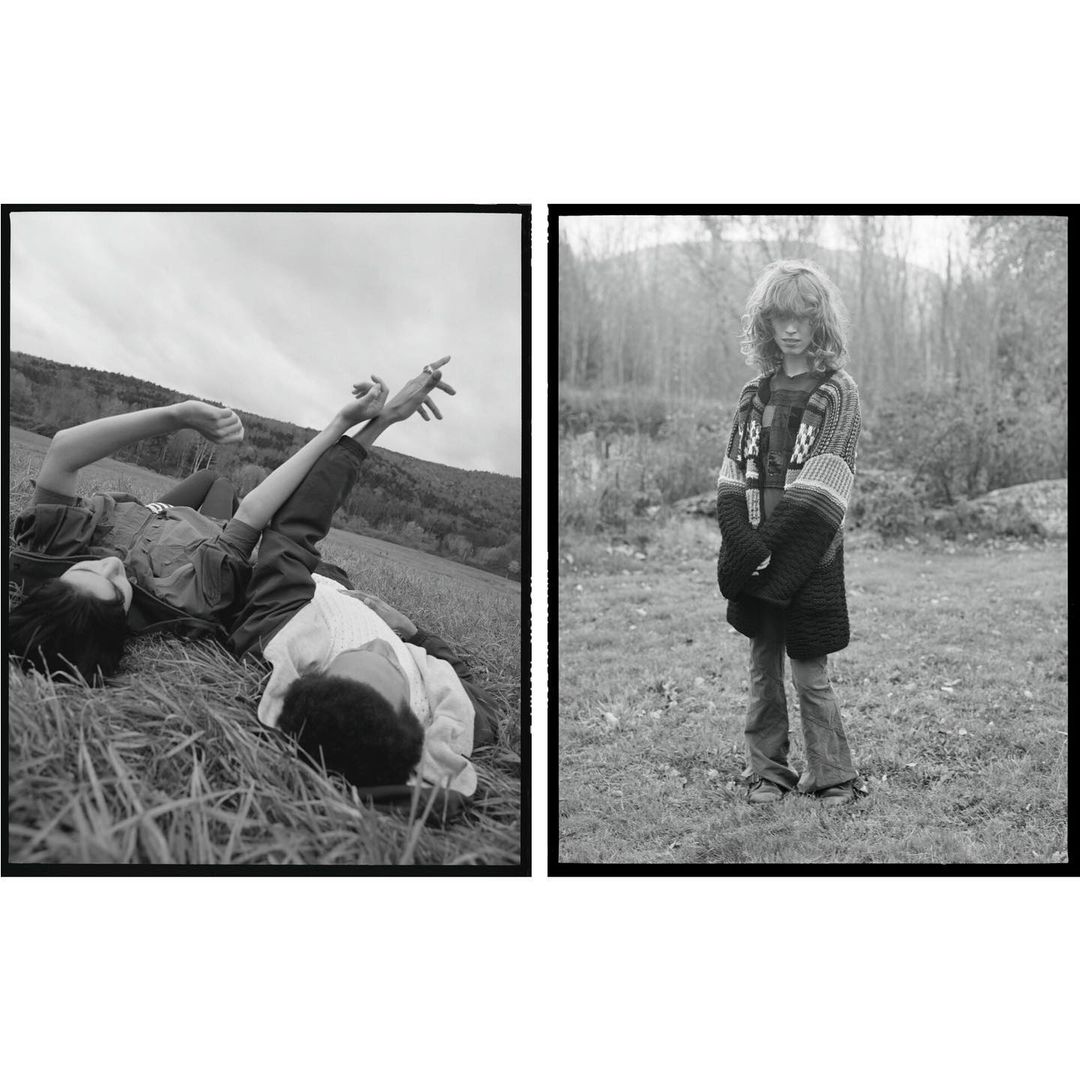 Black and white diptych photograph by Clara Balzary featuring two people lying in a field and a standing model outdoors.