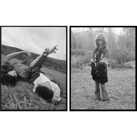 Black and white diptych photograph by Clara Balzary featuring two people lying in a field and a standing model outdoors.