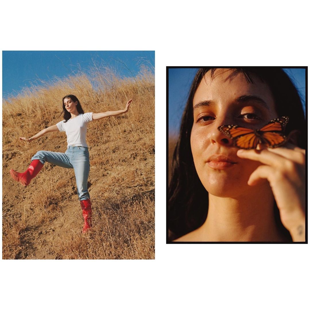 A young woman poses in a field with red boots, while a close-up image shows another woman with a butterfly on her nose.
