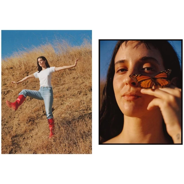 A young woman poses in a field with red boots, while a close-up image shows another woman with a butterfly on her nose.