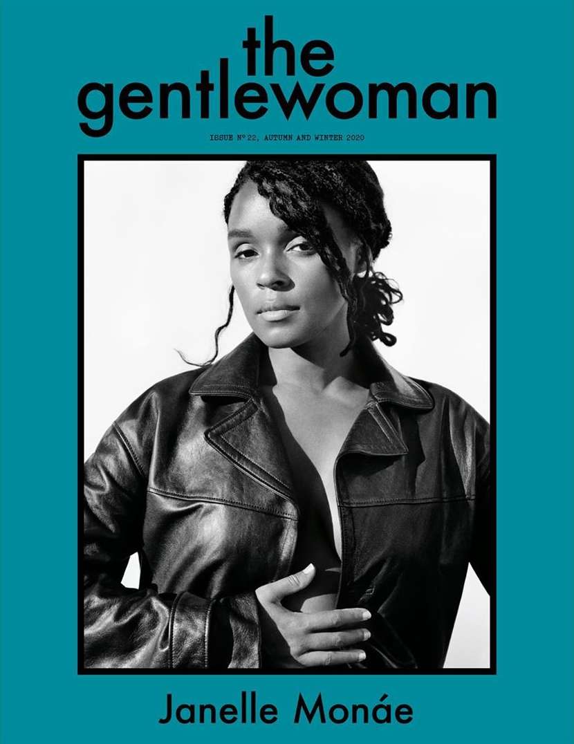 Black and white portrait of Janelle Monae wearing a leather jacket on the cover of The Gentlewoman magazine, Autumn and Winter 2020.