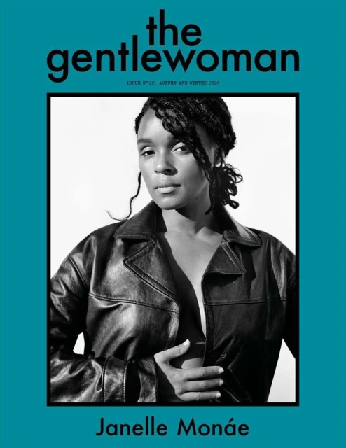 Black and white portrait of Janelle Monae wearing a leather jacket on the cover of The Gentlewoman magazine, Autumn and Winter 2020.