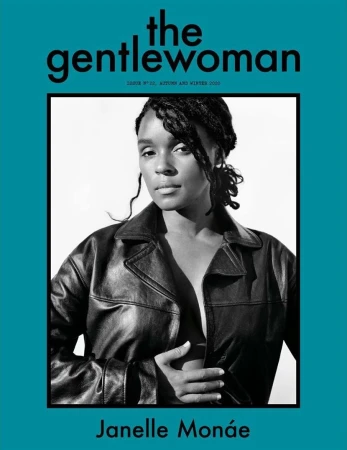 Black and white portrait of Janelle Monae wearing a leather jacket on the cover of The Gentlewoman magazine, Autumn and Winter 2020.