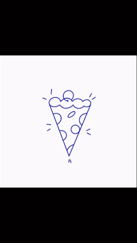 Illustration of a triangular pizza slice with round pepperoni toppings and an outline of small radiating lines around the shape.