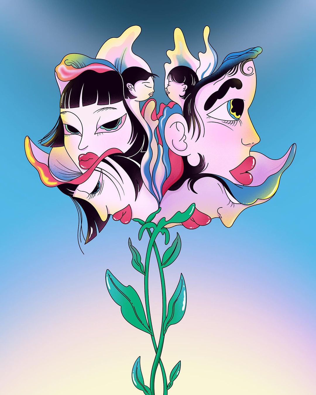Stylized illustration of faces forming a flower, with a light blue background and green stem with leaves.