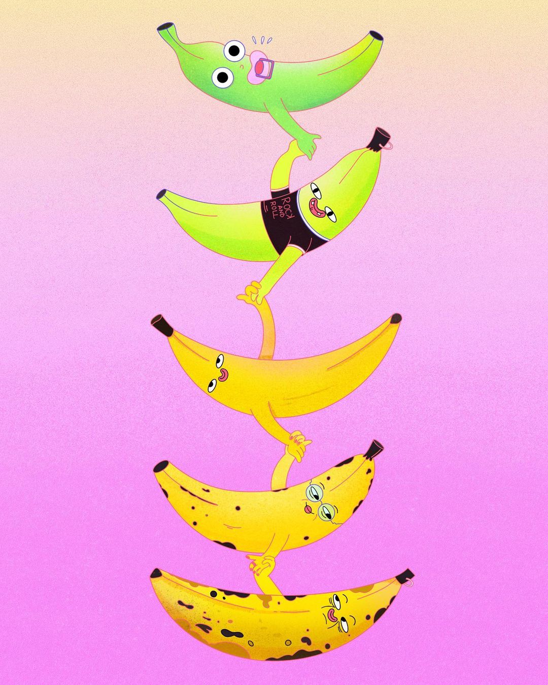 Animated image featuring a stack of five anthropomorphic bananas with expressive faces and vibrant colors against a soft gradient background.