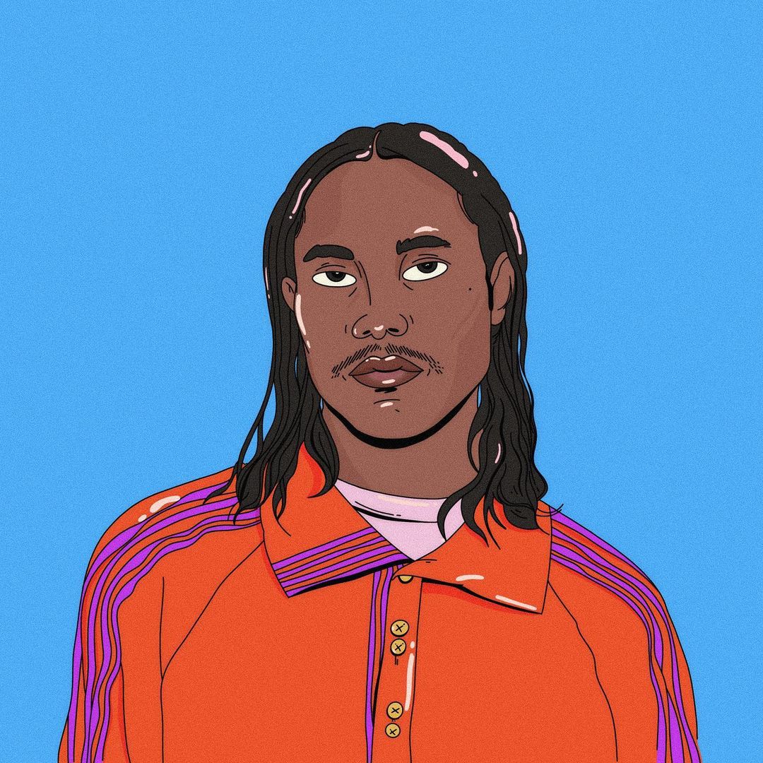 Illustration of a young adult with long black hair, mustache, and an orange collared shirt against a bright blue background.