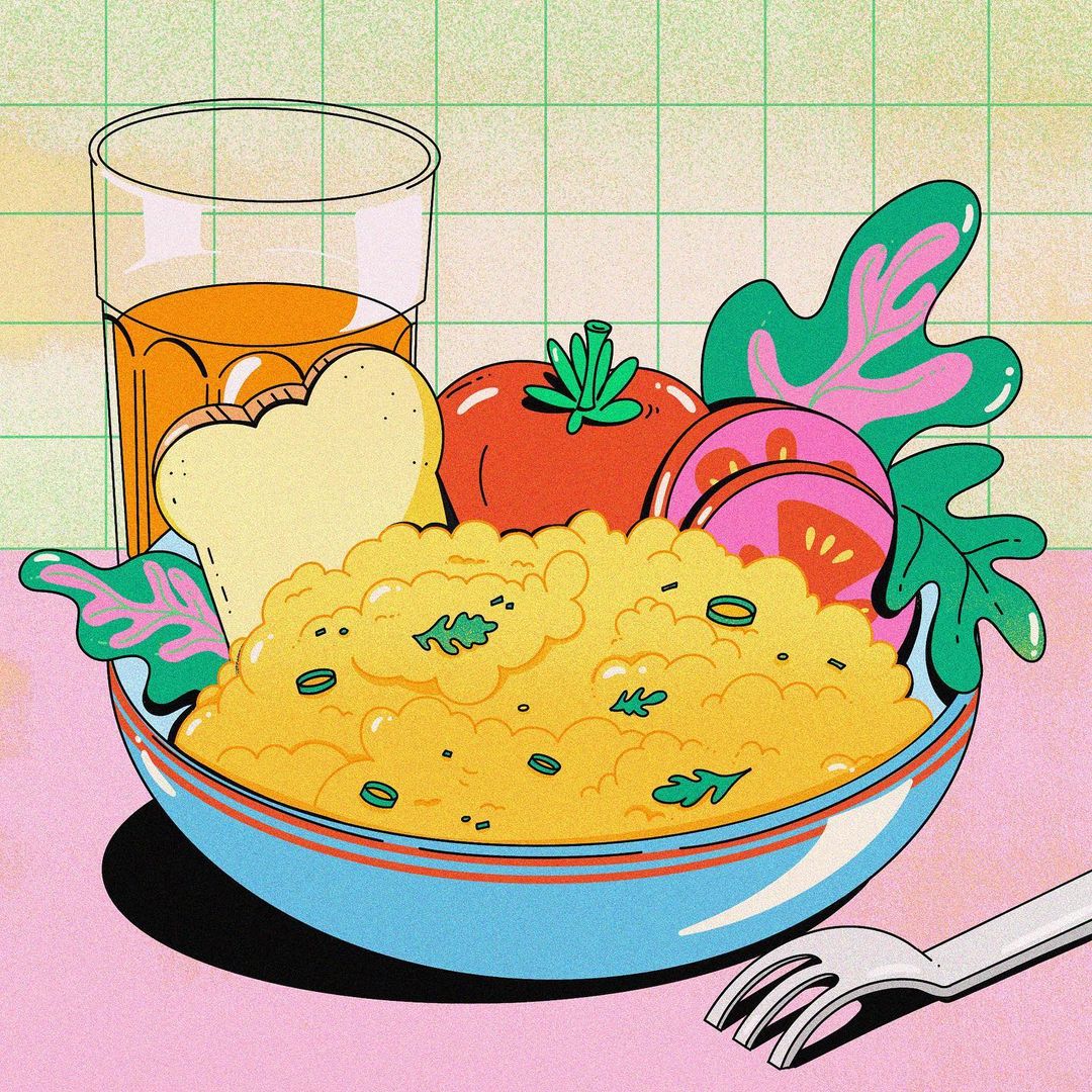 Still life illustration featuring scrambled eggs, toast, tomato slices, a glass of orange juice, and tropical plants on a tiled surface.