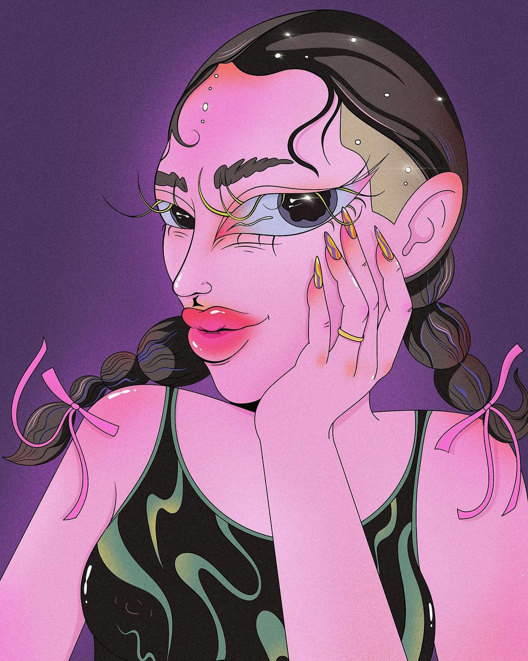 Illustration of a woman with glossy lips, long eyelashes, and pigtails in front of a purple background. The image has a slight grainy texture.