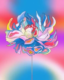 Colorful digital illustration of an abstract flower with fluid petals set against a vibrant gradient background