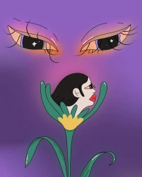 Digital illustration of a profile woman's head emerging from a green flower beneath large stylized eyes against a purple background.