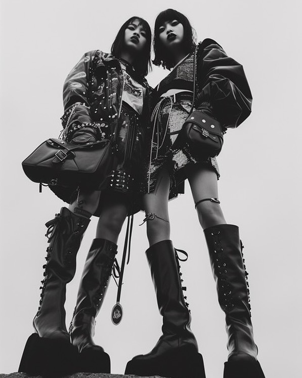 Two Asian women in matching punk-style outfits with leather jackets, skirts, and platform boots pose against a bright sky in a fashion editorial.