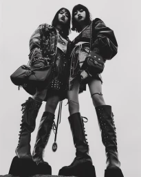 Monochrome low angle fashion portrait of two female models with dark hair wearing patterned jackets and tall black boots against a plain background.
