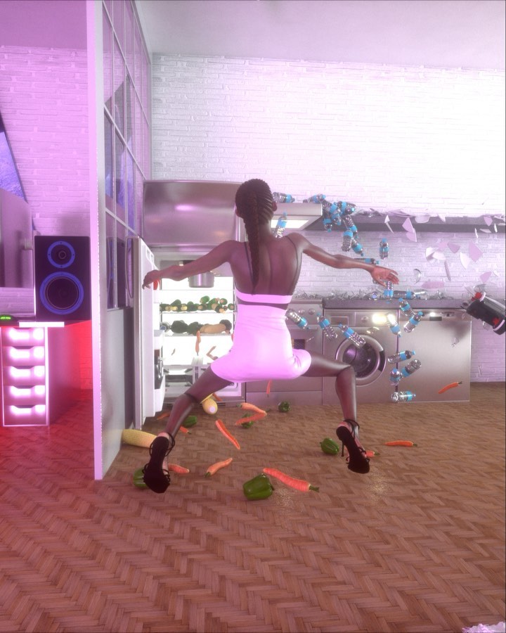 Woman in pink dress balances in a kitchen amidst scattered vegetables, broken glass, and appliances, with a speaker in the background.