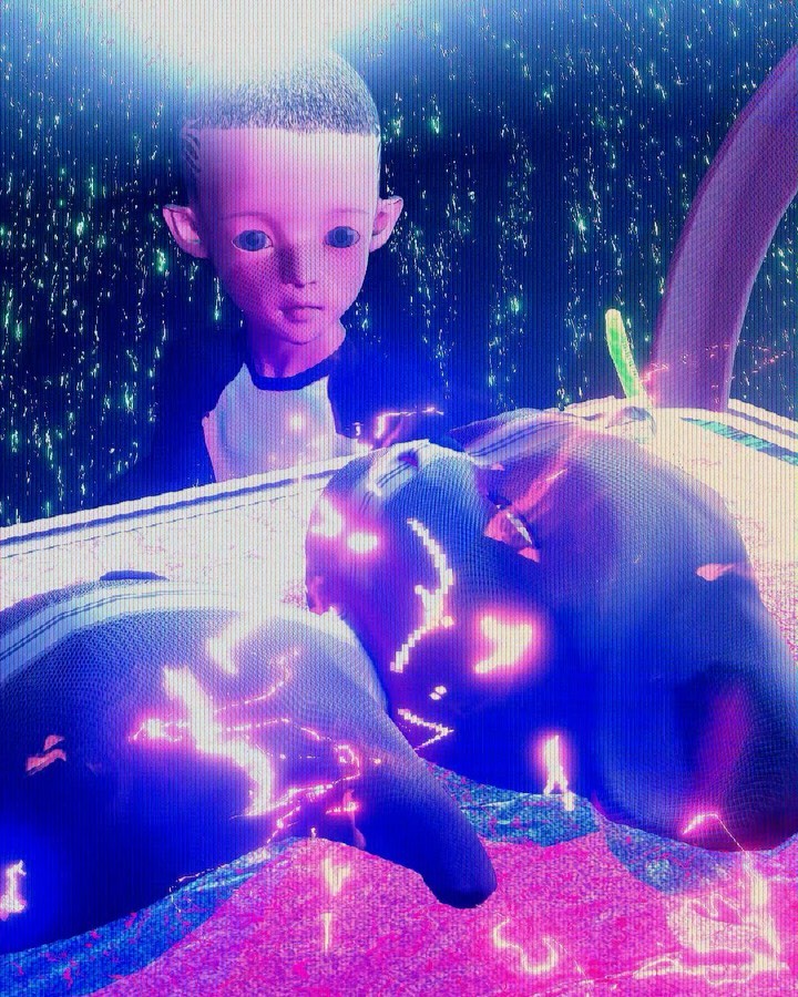 CGI art showing a child character looking at a pair of sculptural forms with neon-like lights in a fantastical or sci-fi setting.