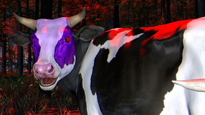 Digital art depicts a cow with black and white spots and a violet face, set against a dark forest backdrop with a fiery glow.