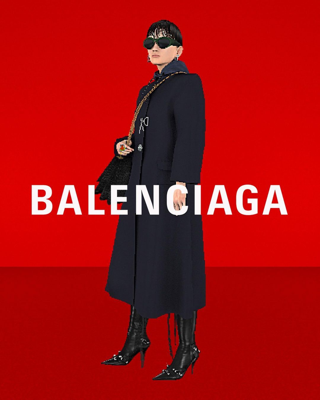 Fashion shot featuring a woman in a dark overcoat, boots, and sunglasses, posing against a red background with the 'BALENCIAGA' logo.