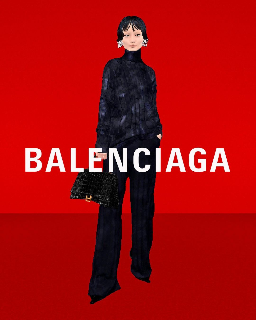 An Asian female model presents Balenciaga apparel and accessories against a vibrant red backdrop, accentuated by the brand's bold white logo.