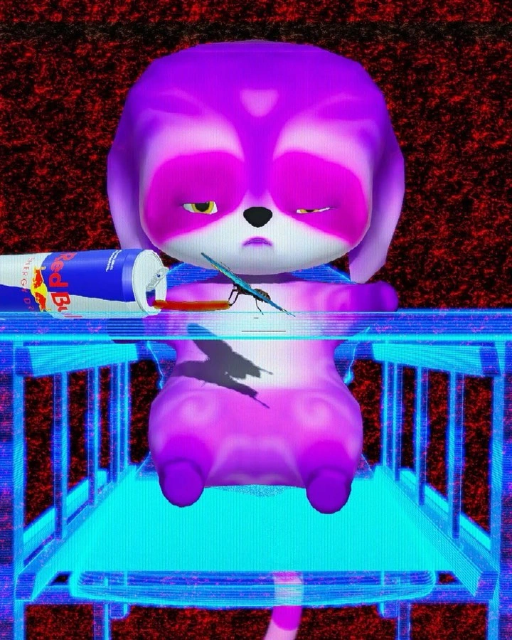 3D digital art of a purple animal character seated at a blue wireframe table with an open Red Bull can pouring liquid into a syringe.