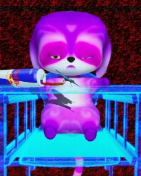 3D digital art of a purple animal character seated at a blue wireframe table with an open Red Bull can pouring liquid into a syringe.
