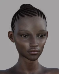 Close up portrait of a Black woman with braided hair styled in a high bun against a solid grey background