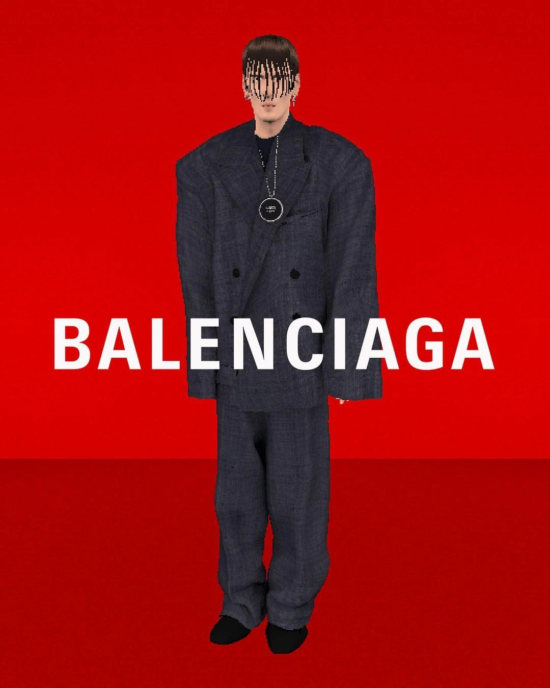 CGI character in an oversized grey double-breasted suit standing against a solid red background with overlaid white text