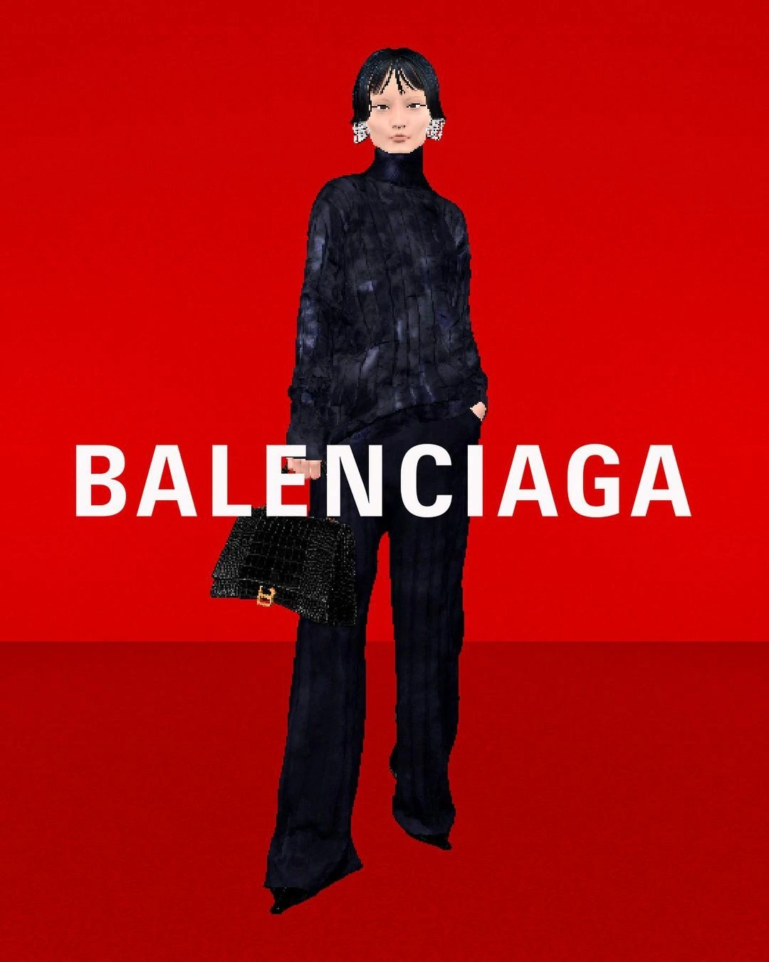 CGI fashion artwork by Claudia Mate featuring a digital avatar wearing a dark turtleneck and trousers against a solid red background with text.