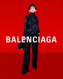 CGI fashion artwork by Claudia Mate featuring a digital avatar wearing a dark turtleneck and trousers against a solid red background with text.