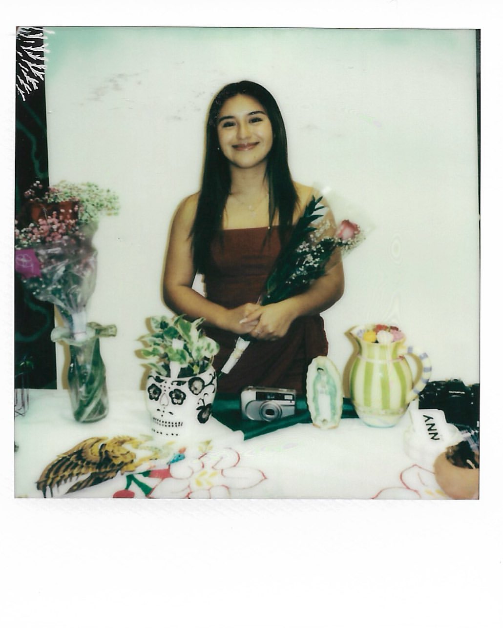 Portrait of a young woman in a red dress holding a single rose. The photo is taken indoors with flowers and objects on a table.