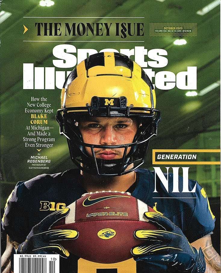 Sports Illustrated cover with football player Blake Corum in yellow Michigan helmet holding football, promoting the magazine's Money Issue.