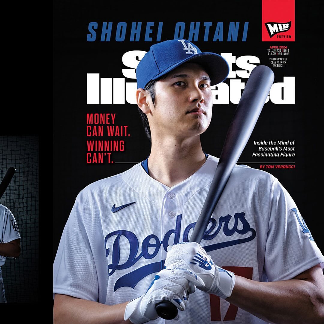 Shohei Ohtani on Sports Illustrated magazine cover wearing baseball uniform and cap, holding bat, against a black background.