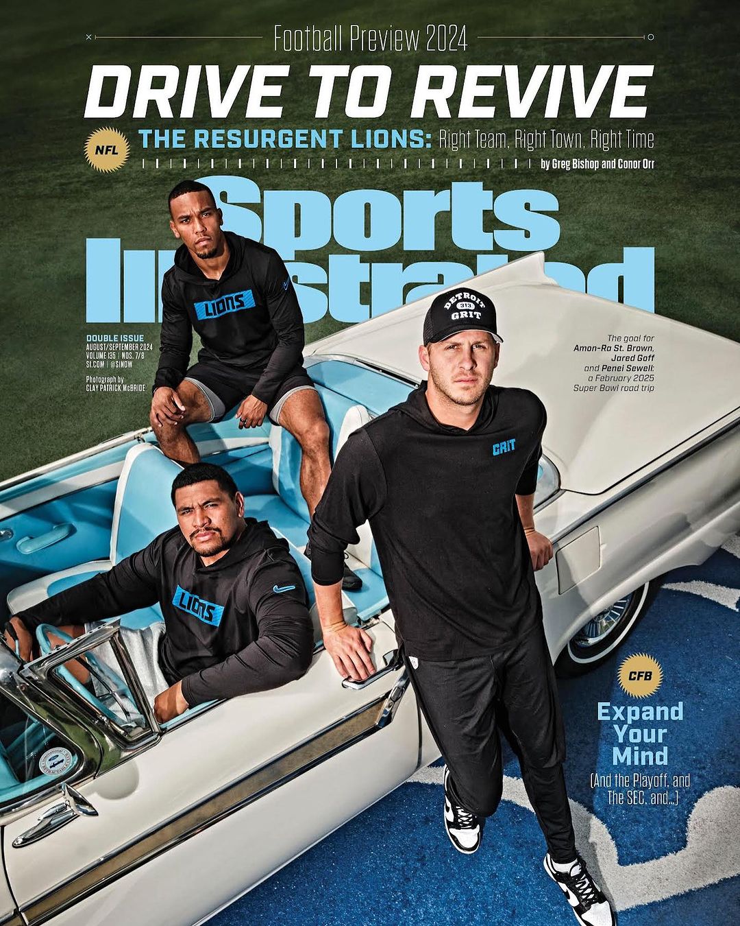 Sports Illustrated cover featuring three football players in black hoodies on a light blue and white classic car, promoting the 2024 season.