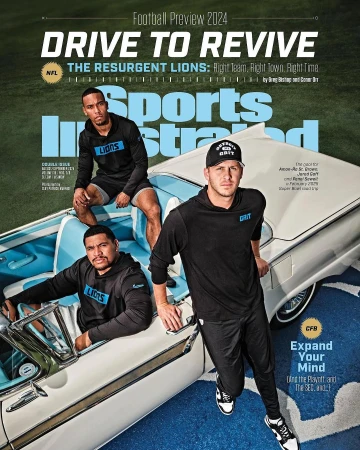 Sports Illustrated cover featuring three football players in black hoodies on a light blue and white classic car, promoting the 2024 season.
