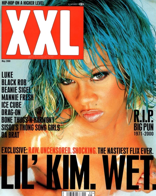XXL Magazine cover featuring Lil' Kim with blue hair. The cover includes text and a list of artists from May 2000.