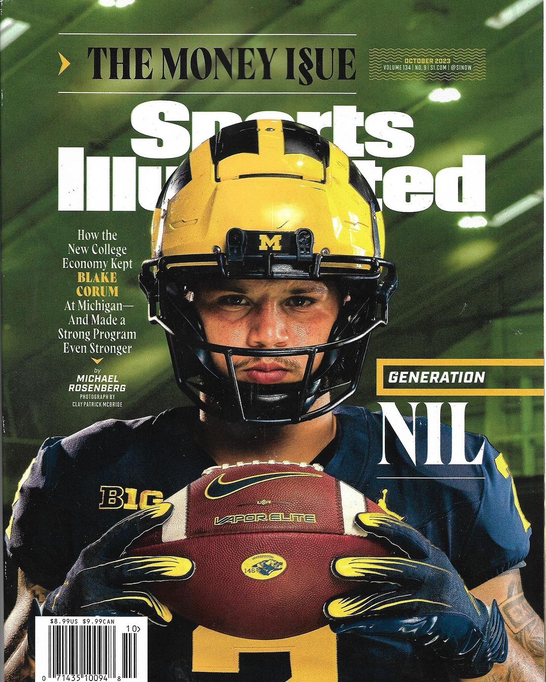 Sports Illustrated magazine cover featuring football player Blake Corum in Michigan Wolverines helmet holding football, with text overlay.