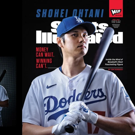 Shohei Ohtani wearing a Los Angeles Dodgers uniform and blue cap, holding a baseball bat against a dark background.