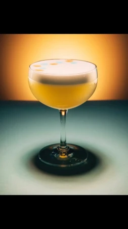 A stemmed cocktail glass filled with a yellow drink and a white foamy top is illuminated against a gradient yellow and blue backdrop.