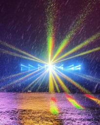 Vibrant multicoloured laser beams radiating outward into a night sky over a wet ground by Clayton Hauck
