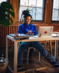 Smiling person with dreadlocks wearing a blue hoodie sitting at a white desk with a laptop.