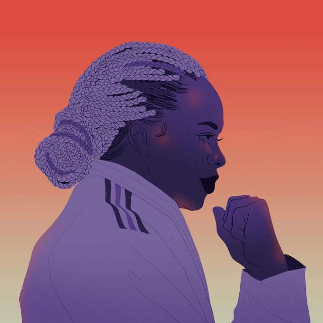 Illustration of a person in profile wearing a judogi uniform with cornrow hair, set against a gradient background from peach to light yellow.