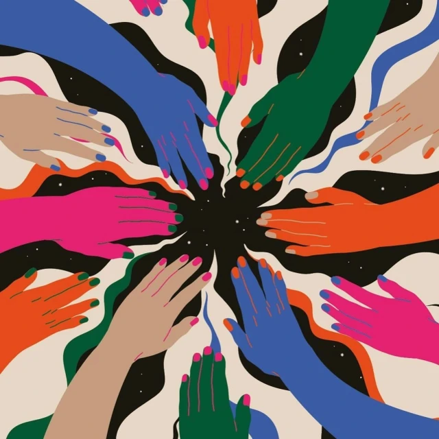 Illustrated hands of various colors extend toward a central point against an abstract background with black, beige, and white accents.