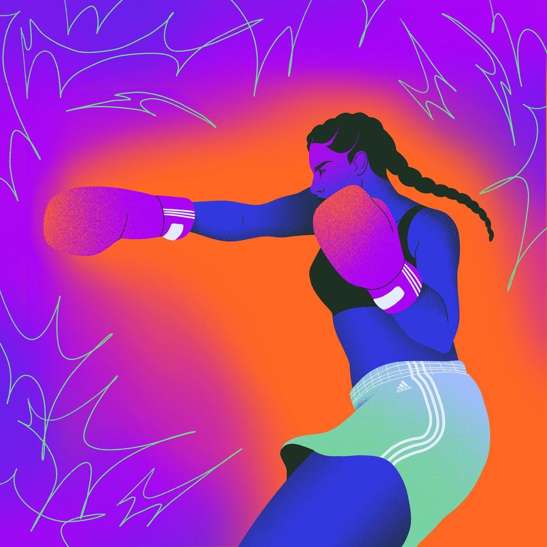 Illustration of a female boxer throwing a punch, wearing boxing gloves, a sports bra, and shorts against an orange and purple backdrop.
