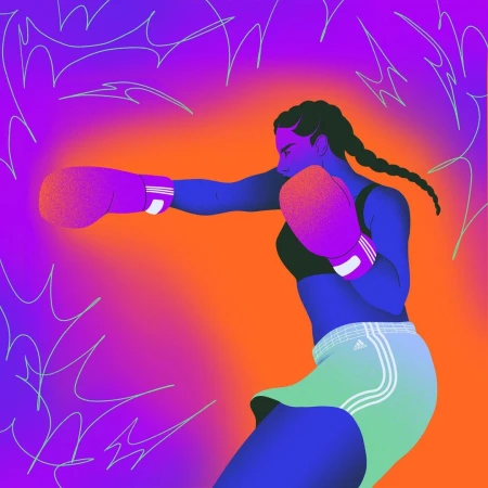 Illustration of a female boxer throwing a punch, wearing boxing gloves, a sports bra, and shorts against an orange and purple backdrop.