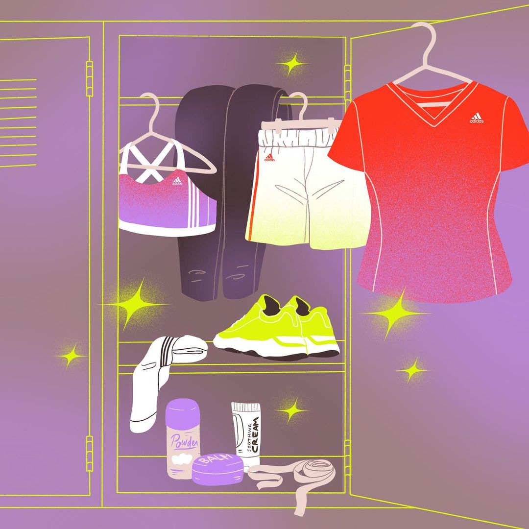 Illustration of activewear including leggings, shorts, sports bra, t-shirt, and sneakers in a locker, against a purple background with yellow accents.