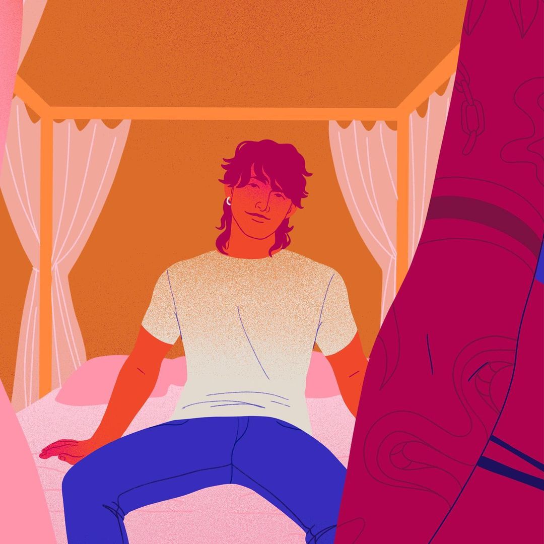 Illustration of a person with long hair wearing a white t-shirt and blue pants sitting on a bed in front of a four-poster bed.