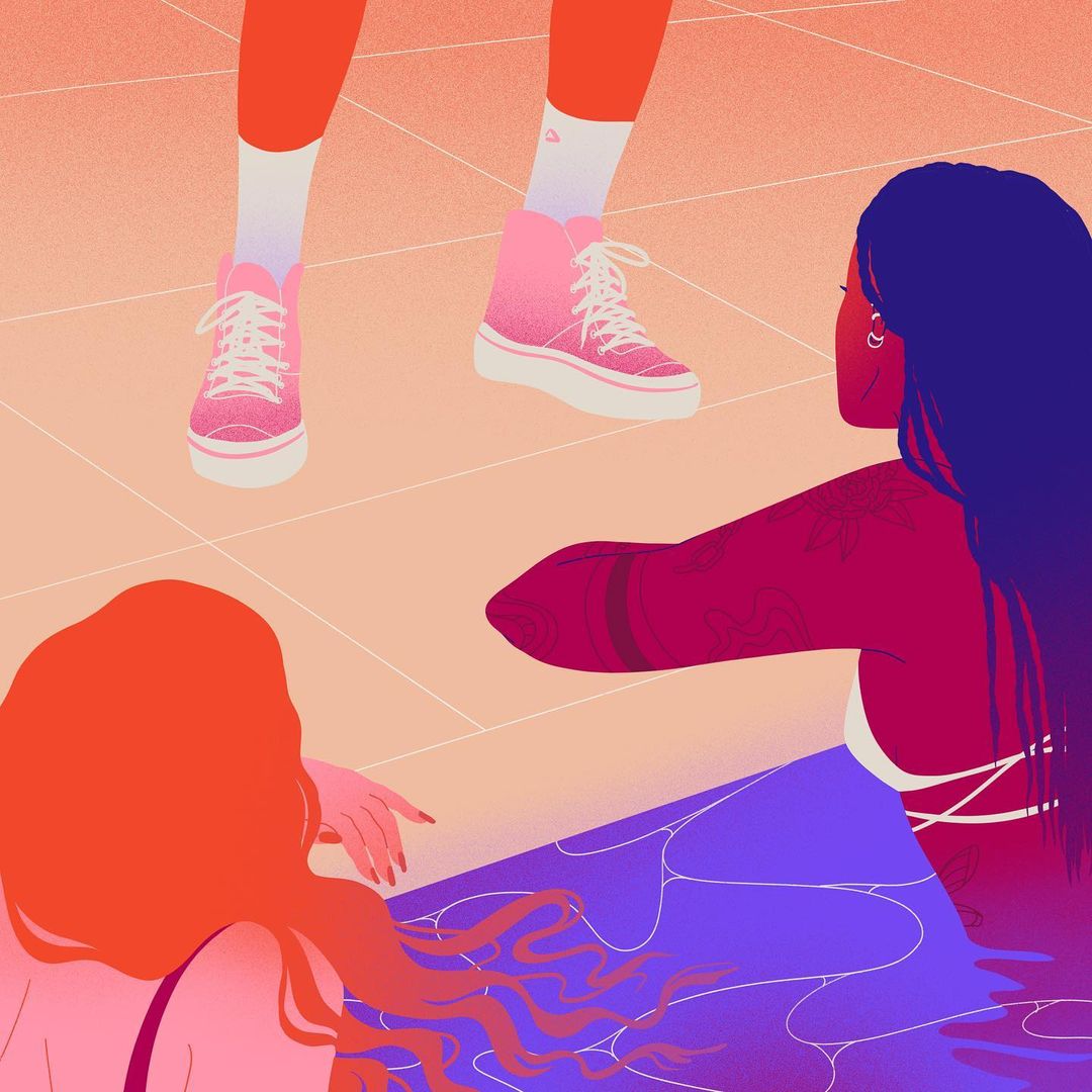 Illustration of three women in a gradient color scheme, one wearing pink high-top sneakers, in an indoor, tiled environment.