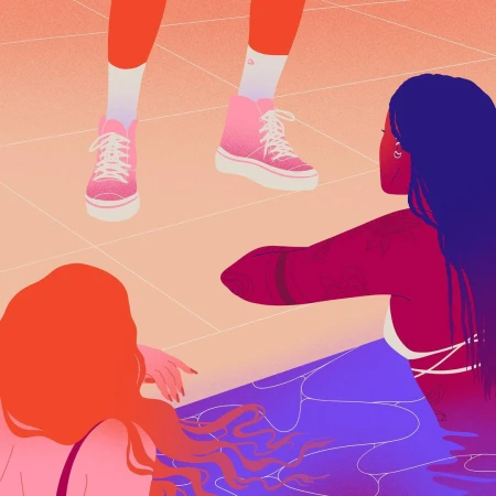 Illustration of three women in a gradient color scheme, one wearing pink high-top sneakers, in an indoor, tiled environment.